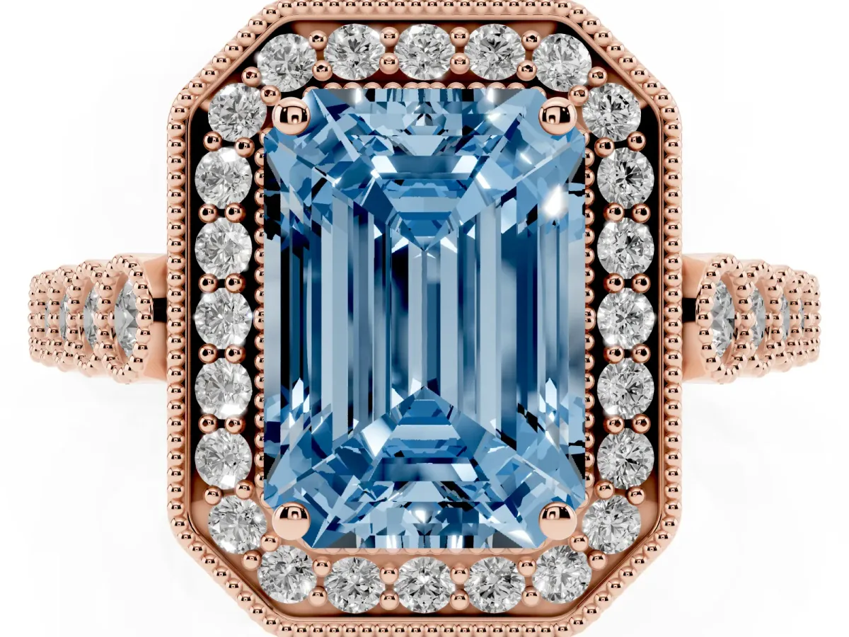 Fancy Blue Emerald Cut Halo Milgrain Solitaire with Bezel Set Side Stones and Pave Band Rose gold
