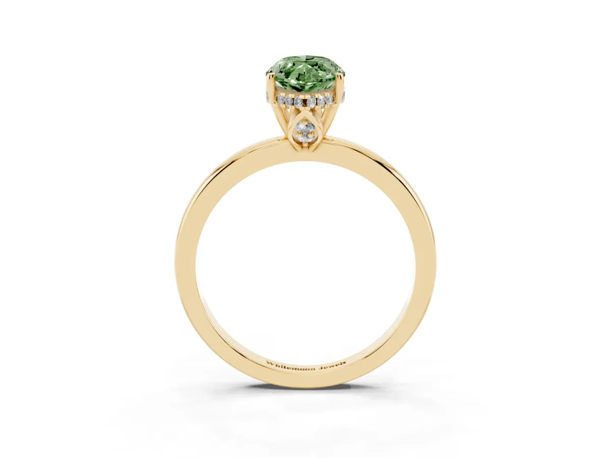 Fancy Green Marquise Cut Solitaire Diamond Ring with Prong Setting and Plain Band Yellow gold