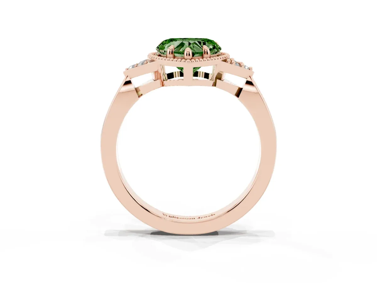 Fancy Green Hexagonal Halo Heart Cut Diamond Solitaire with Pavé Band and Four-Prong Setting Rose gold
