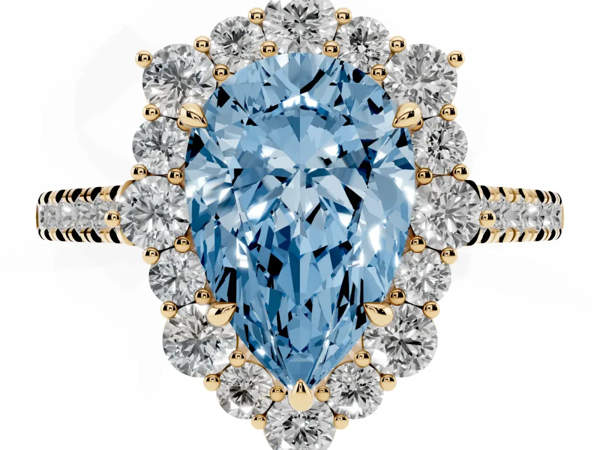 Fancy Blue Pear Cut Halo Diamond Ring with Pavé Band and Prong Setting Yellow gold