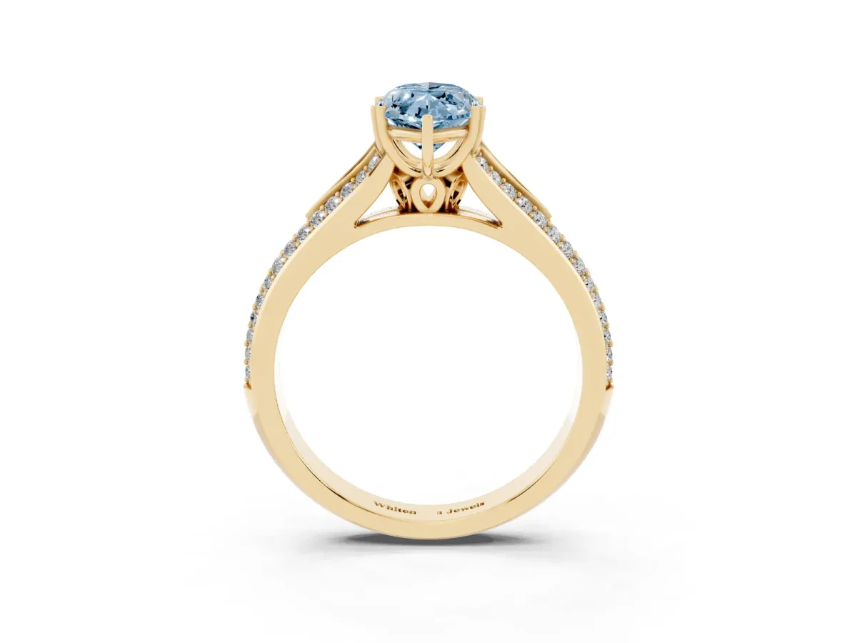 Fancy Blue Marquise Cut Diamond Split Shank Engagement Ring with Pavé Band Yellow gold