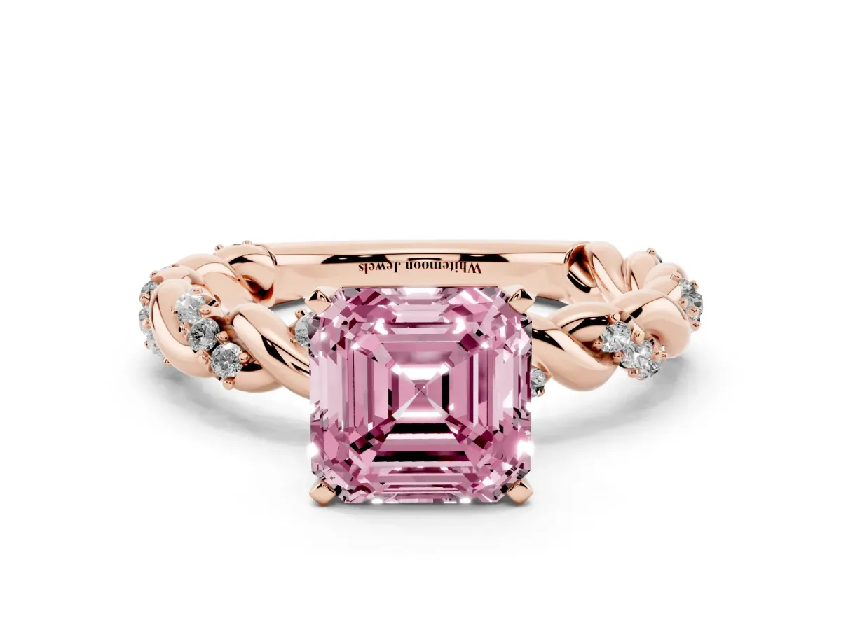 Fancy Pink Asscher Cut Diamond Solitaire Ring with Twisted Band and Pavé Accents Rose gold