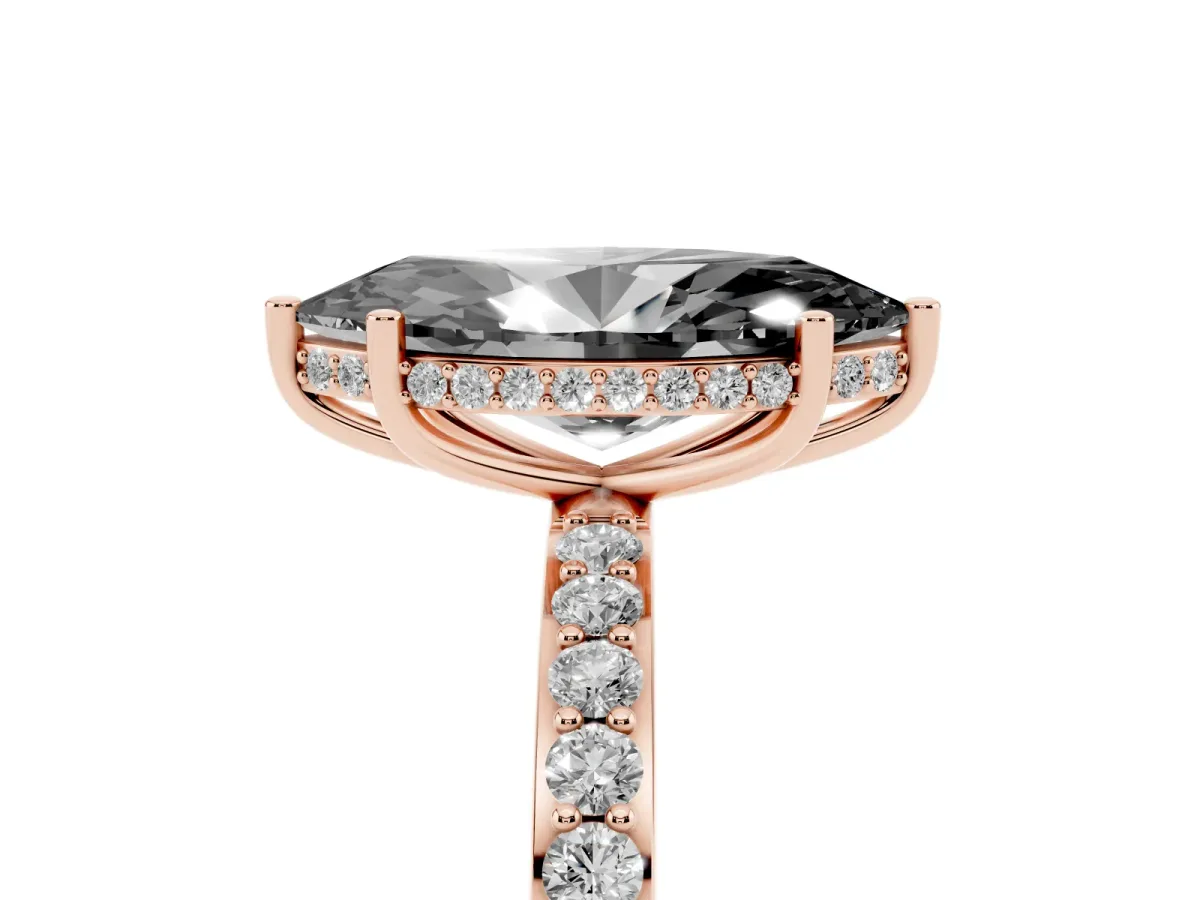 Fancy Black Marquise Cut Diamond Solitaire Ring with Pavé Band and Hidden Halo Rose gold