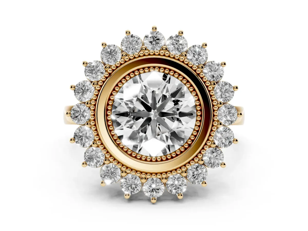 Round Cut Halo Diamond Ring with Milgrain Edge and Round Prong Setting Yellow gold