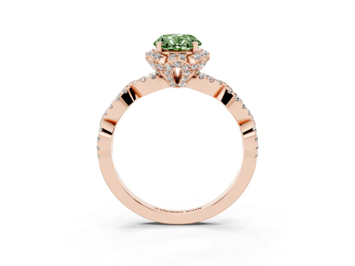 Fancy Green Oval Cut Halo Twist Band Solitaire Ring with Six-Prong Setting Rose gold