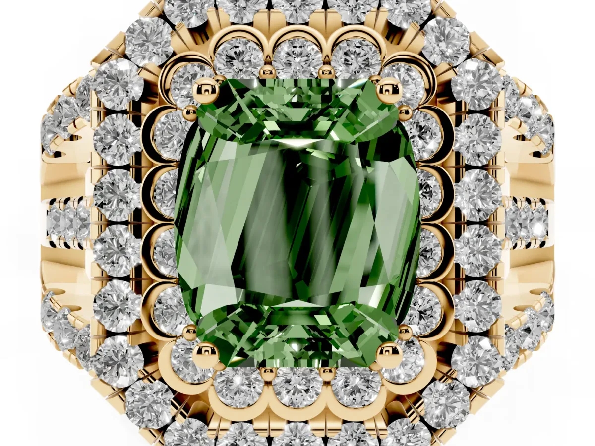Fancy Green Emerald Cut Diamond Double Halo Ring with Round Pavé Split Shank and Prong Setting Yellow gold