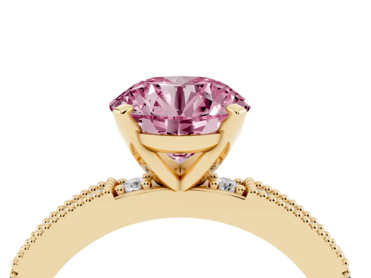 Fancy Pink Round Cut Solitaire with Pavé Band and Four-Prong Setting Yellow gold
