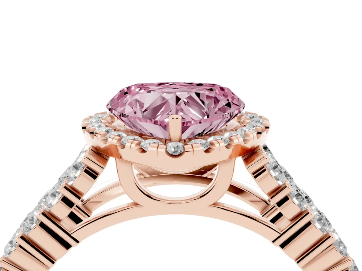 Fancy Pink Heart Cut Diamond Halo Engagement Ring with Triple Row Round Pavé Band and Prong Setting Rose gold