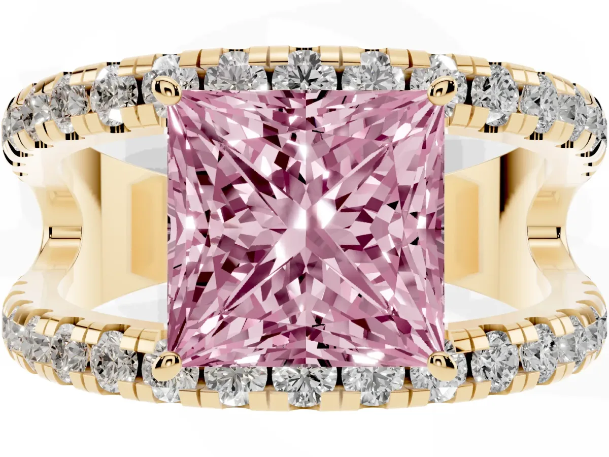 Fancy Pink Princess Cut Solitaire Split Shank Pave Diamond Ring Yellow gold