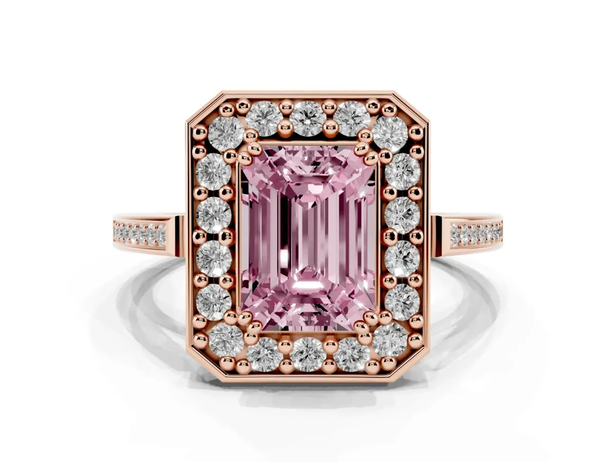 Fancy Pink Emerald Cut Diamond Halo Ring with Split Shank and Four-Prong Setting Rose gold