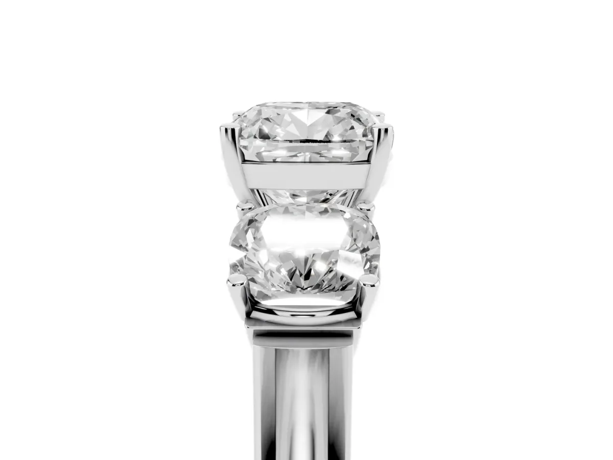 Three-Stone Cushion Cut Brilliant Diamond Trellis Ring with Comfort Fit Band White gold