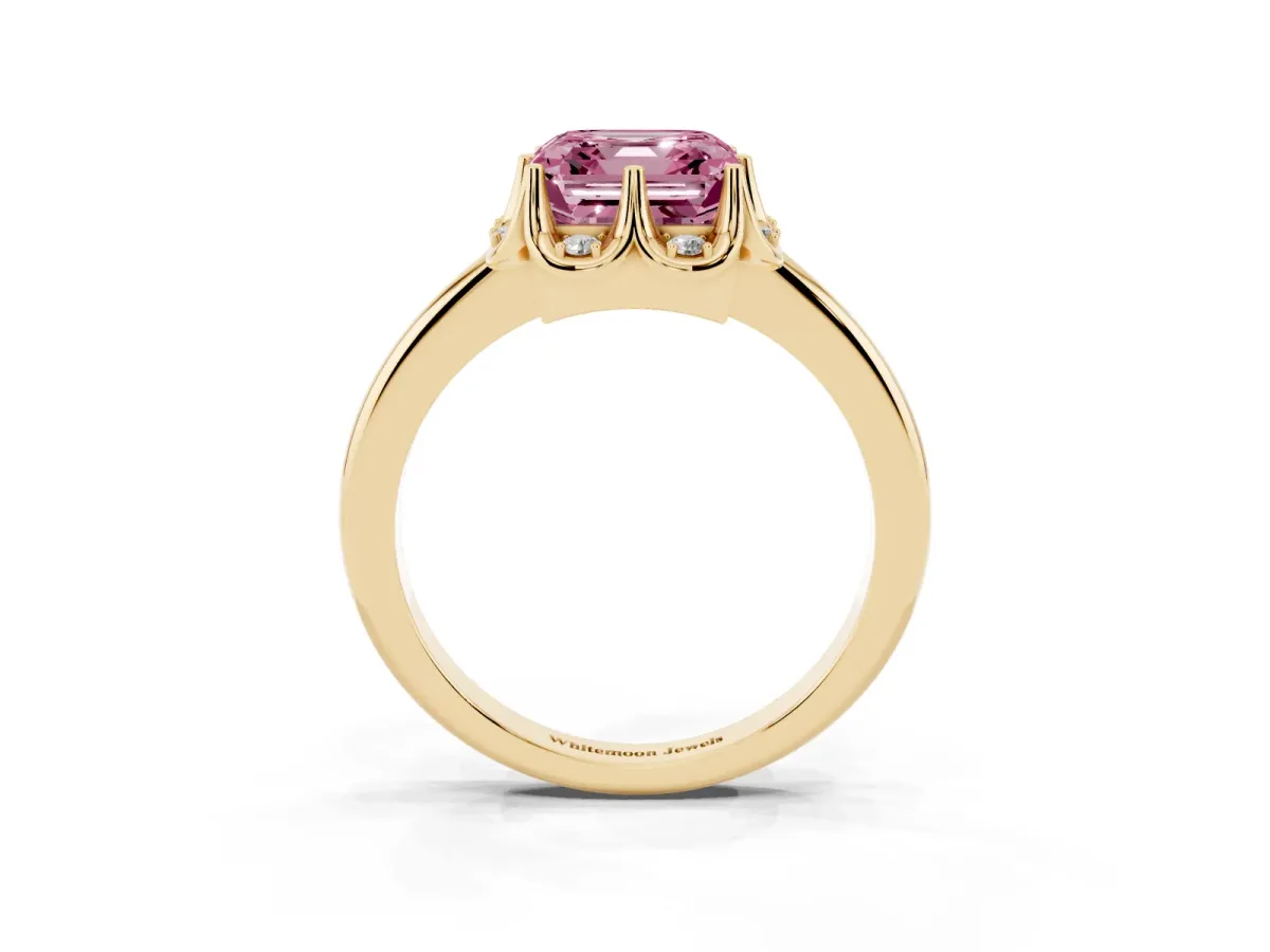 Fancy Pink Asscher Cut Halo Diamond Ring with Round Cluster Setting, Solitaire Band, and Four-Prong Setting Yellow gold