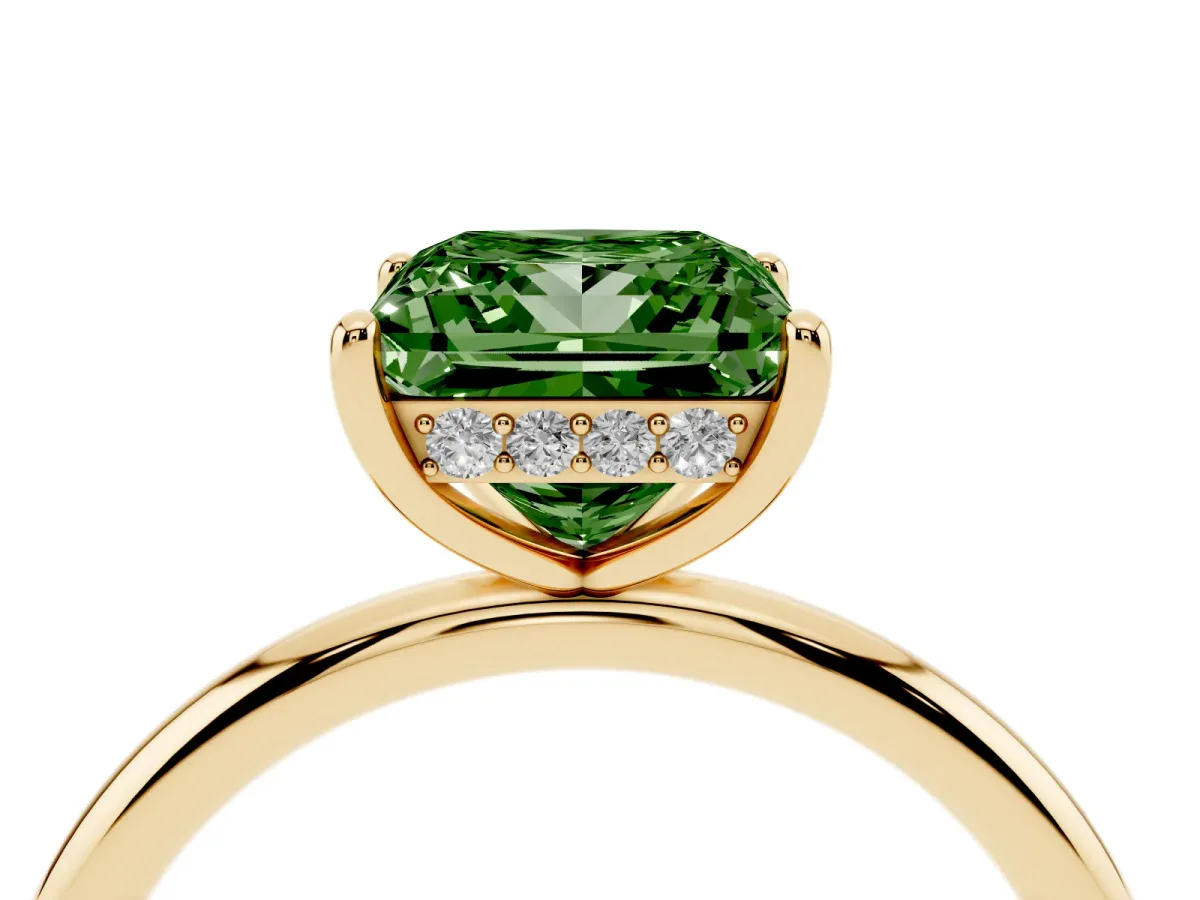 Fancy Green Princess Cut Solitaire Diamond Ring with a Classic Band and Four-Prong Setting Yellow gold