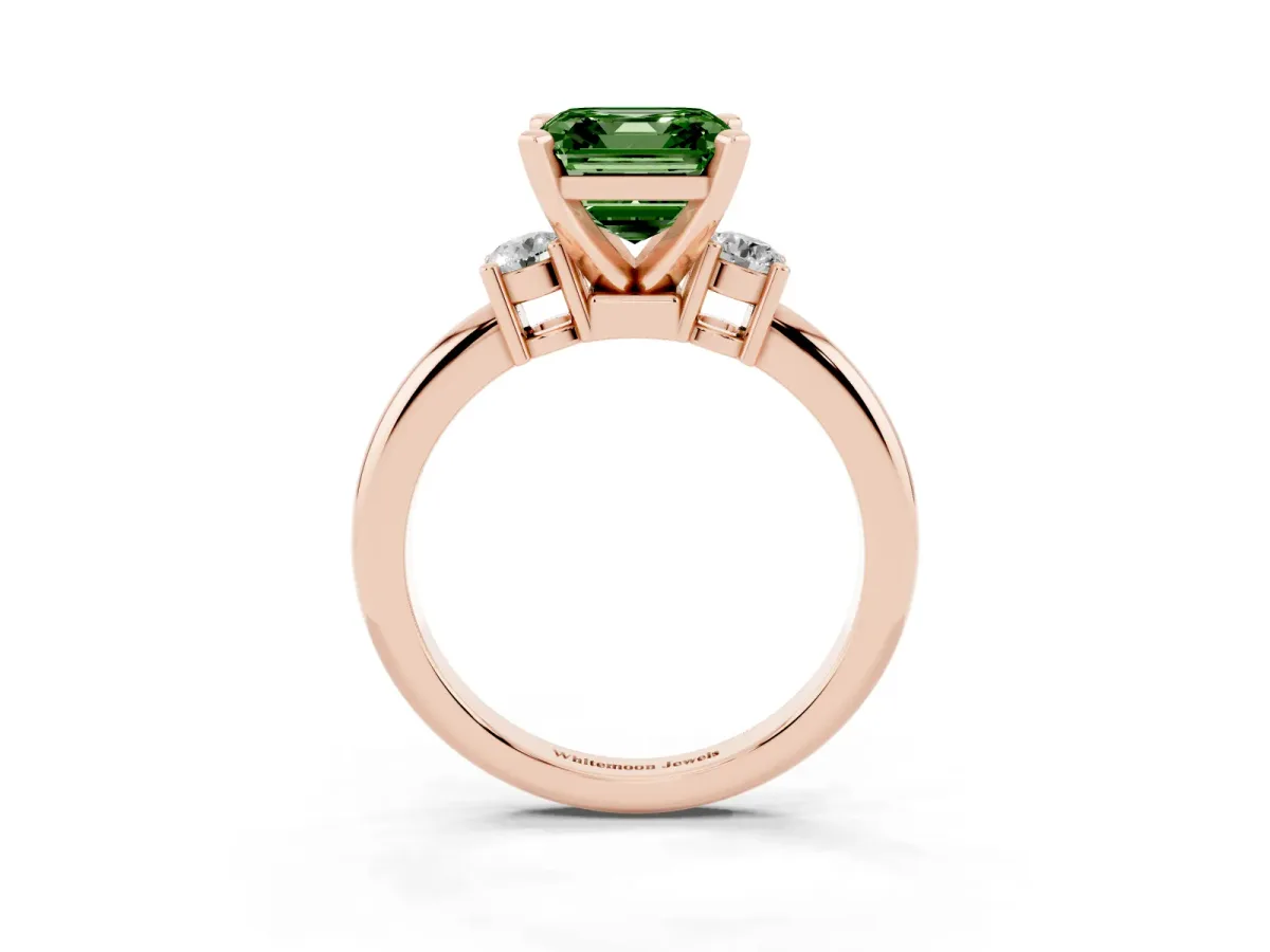 Fancy Green Three-Stone Asscher Cut Cut Diamond Solitaire with Prong Setting and Classic Band Rose gold