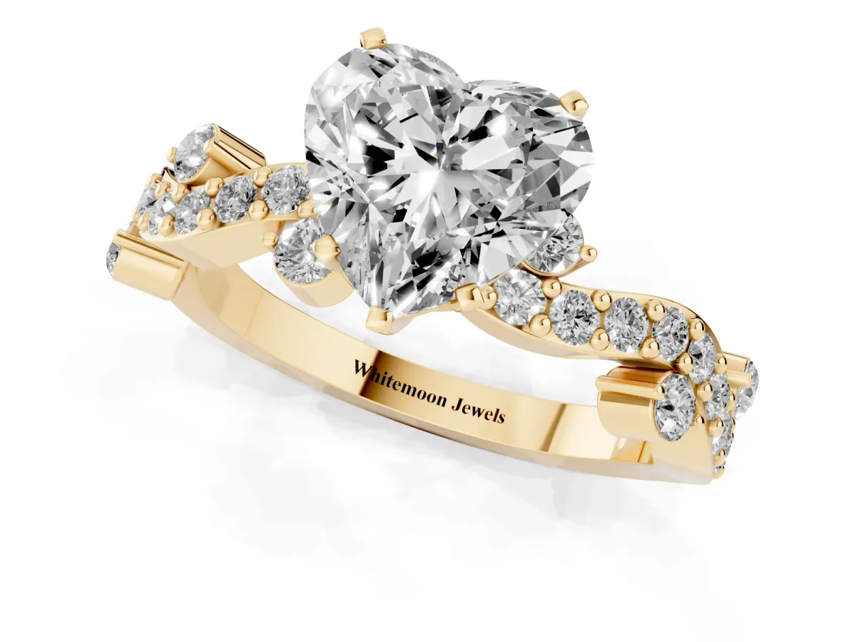 Heart Cut Cut Solitaire Diamond Twisted Band with Pave Setting Yellow gold