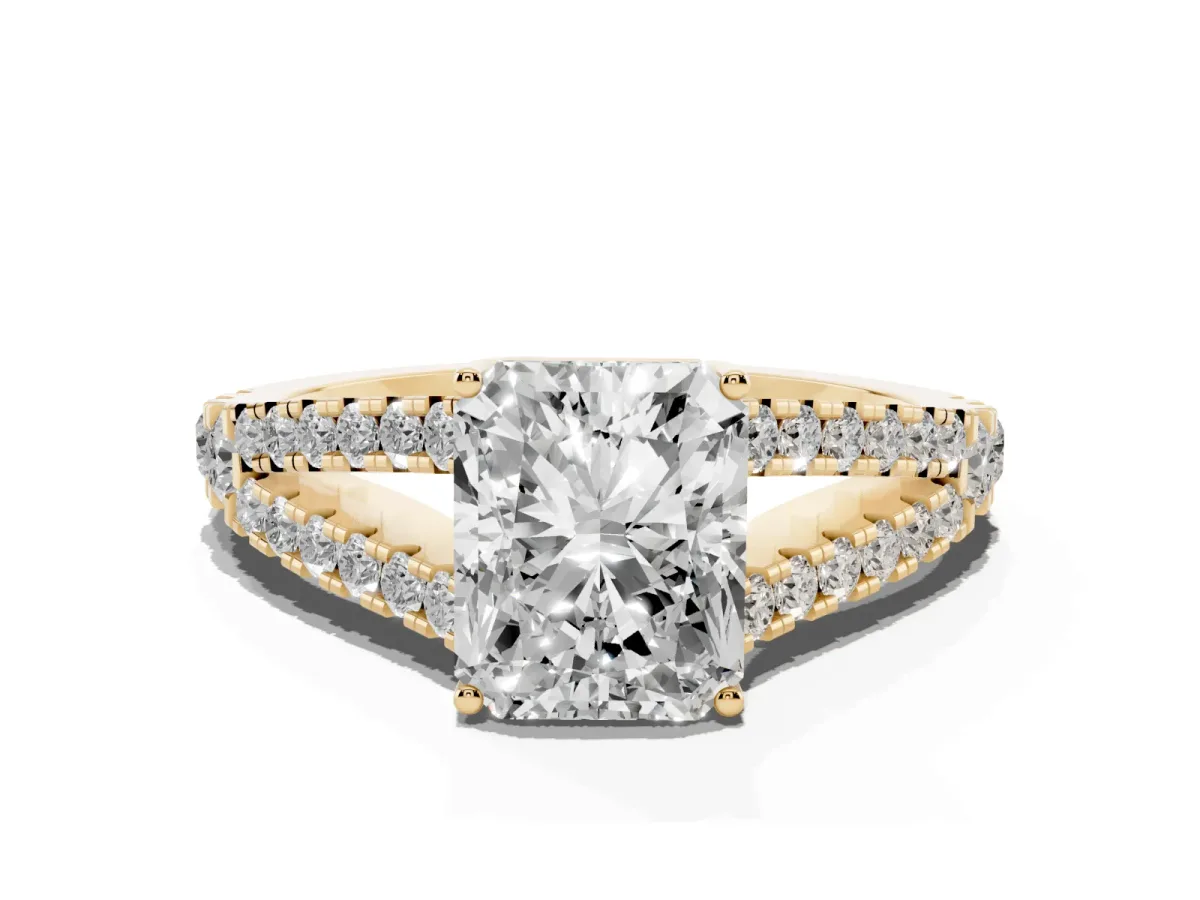 Radiant Cut Diamond Split Shank Pavé Engagement Ring with Four-Prong Setting Yellow gold