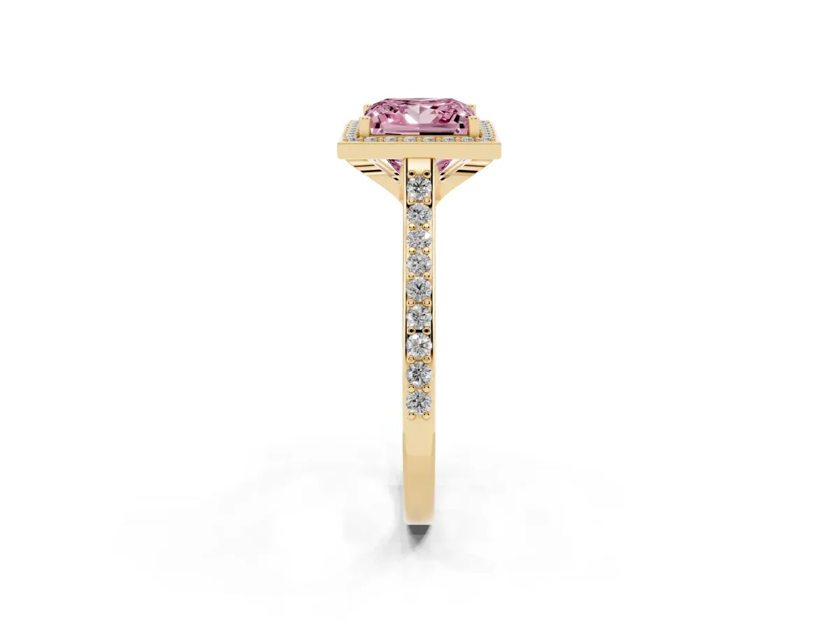 Fancy Pink Princess Cut Diamond Halo Engagement Ring with Round Pavé Shoulders and Prong Setting Yellow gold