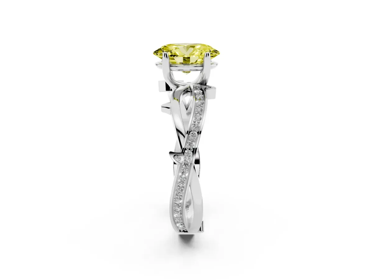 Fancy Yellow Oval Cut Solitaire Twist Band with Pavé Accents and Four-Prong Setting White gold