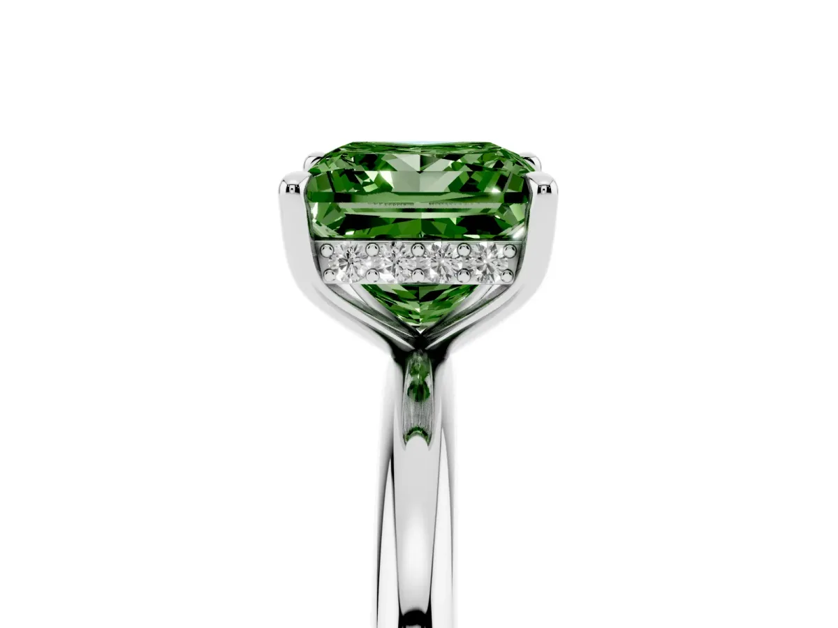 Fancy Green Princess Cut Diamond Solitaire Ring with Thin Band and Four-Prong Setting Silver