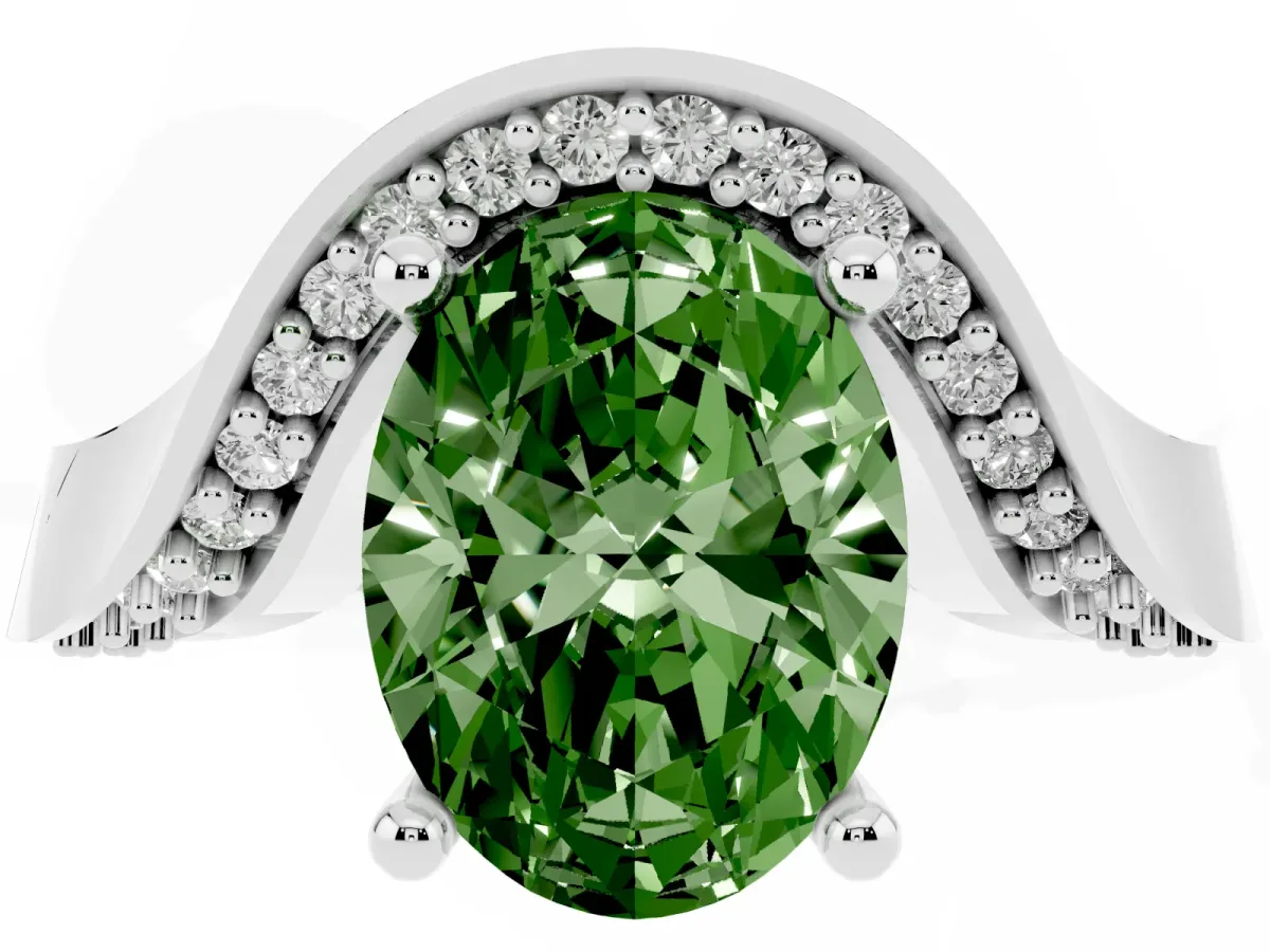 Fancy Green Oval Cut Solitaire Diamond Engagement Ring with Pave Band and Four-Prong Setting Platinum