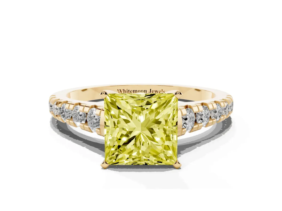 Fancy Yellow Princess Cut Diamond Cathedral Solitaire Ring with Round Pavé Band Yellow gold