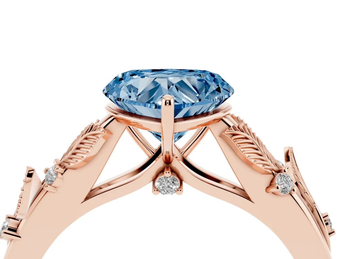 Fancy Blue Heart Cut Diamond Solitaire Ring with Leaf Motif Band and Four-Prong Setting Rose gold
