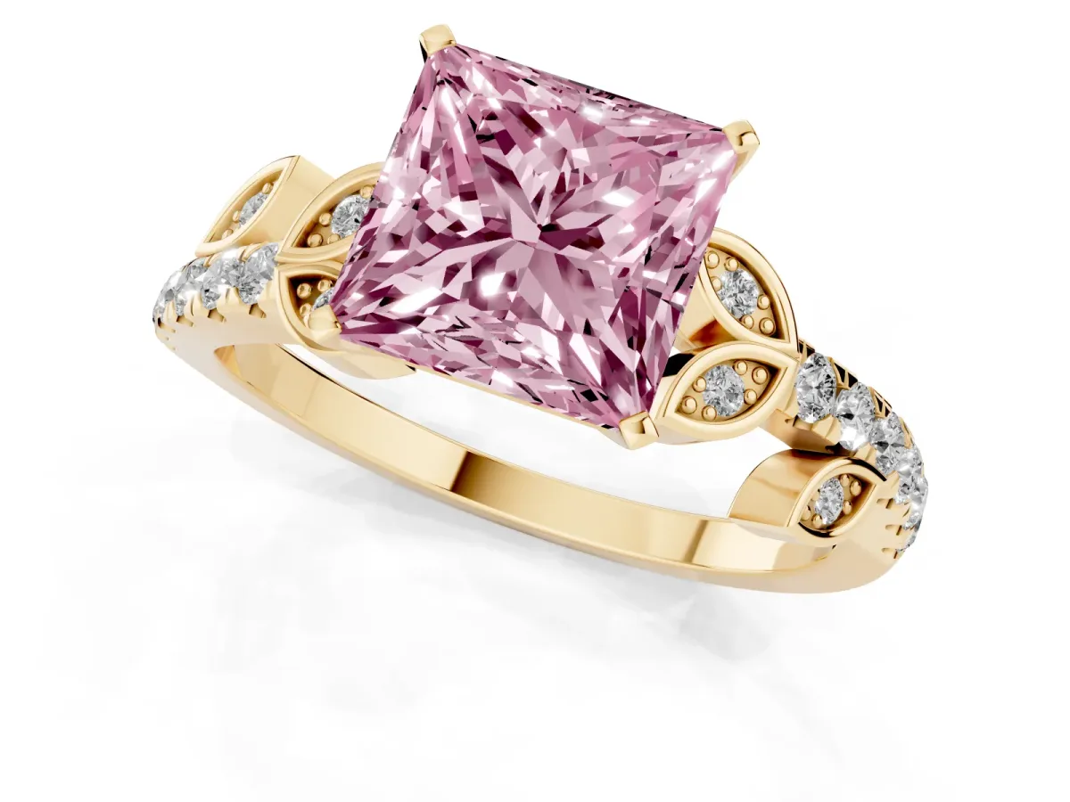 Fancy Pink Princess Cut Solitaire Leaf-Inspired Diamond Ring with Pavé Band and Four-Prong Setting Yellow gold