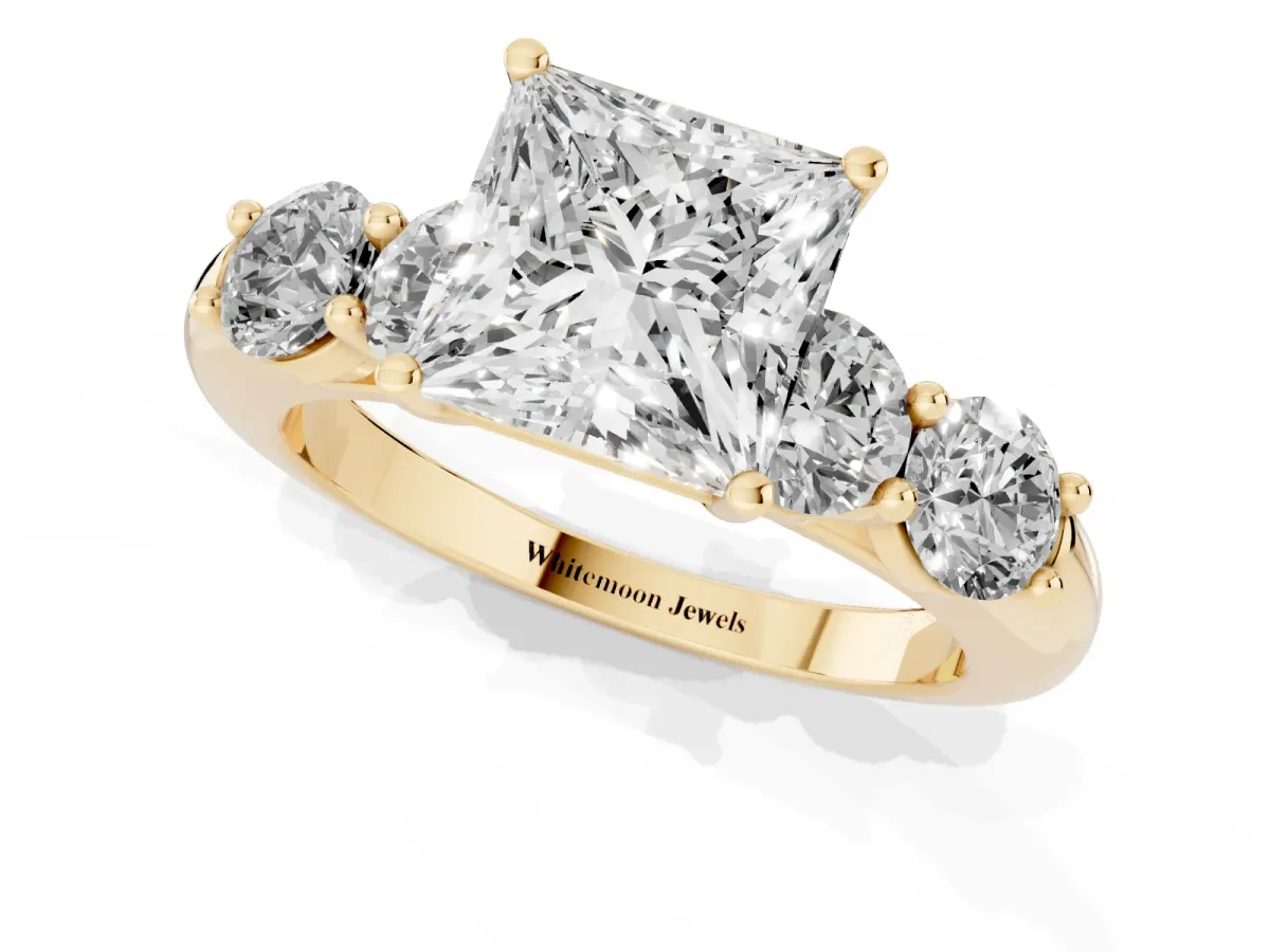 Princess Cut Cut Five-Stone Prong Set Diamond Ring with Classic Band Yellow gold