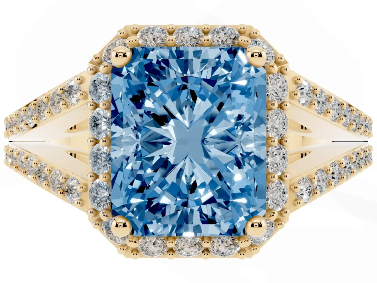 Fancy Blue Radiant Cut Halo Split Shank Pave Diamond Ring with Four-Prong Setting Yellow gold