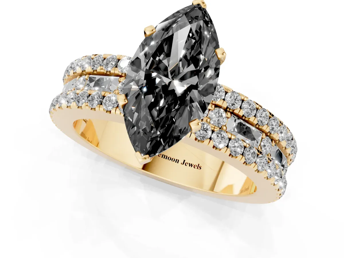 Fancy Black Marquise Cut Diamond Solitaire Ring with Pavé and Channel Set Band Yellow gold