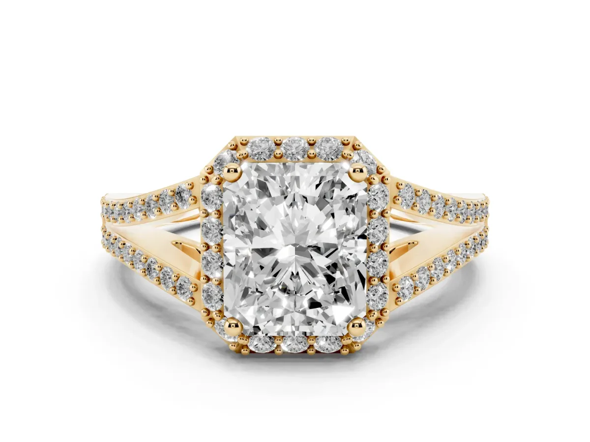 Radiant Cut Halo Split Shank Pave Diamond Ring with Four-Prong Setting Yellow gold