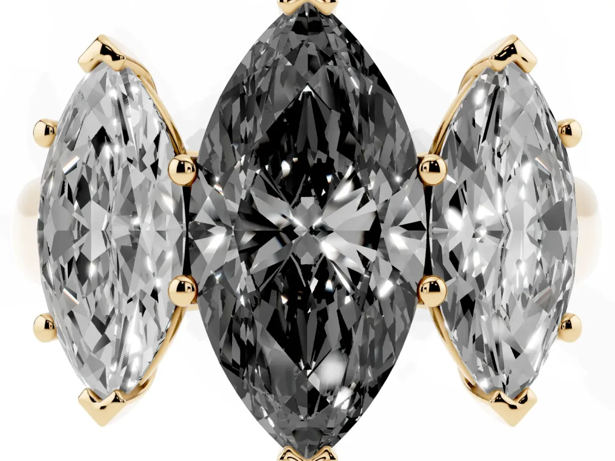 Fancy Black Marquise Cut Three-Stone Diamond Ring with Prong Setting on a Classic Band Yellow gold
