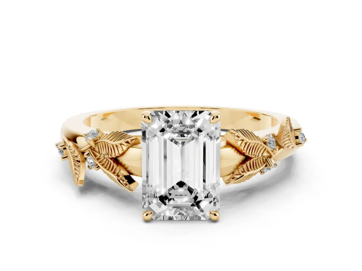 Emerald Cut Diamond Solitaire Ring with Leaf Motif Band and Four-Prong Setting Yellow gold