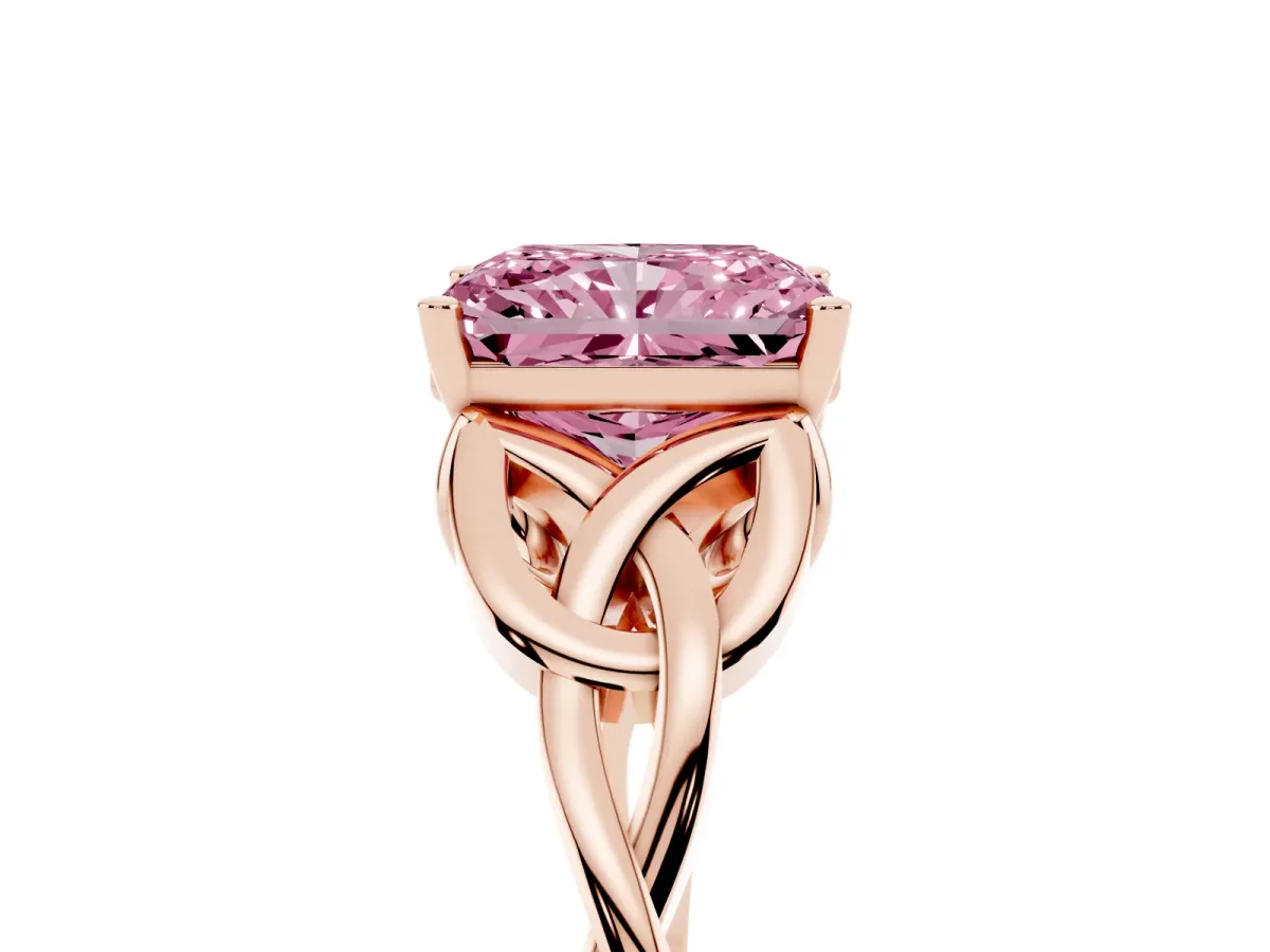 Fancy Pink Radiant Cut Diamond Solitaire Engagement Ring with Celtic Knot Band and Four-Prong Setting Rose gold