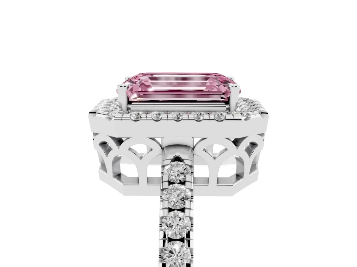 Fancy Pink Emerald Cut Halo Diamond Engagement Ring with Pavé Band and Four-Prong Setting Silver