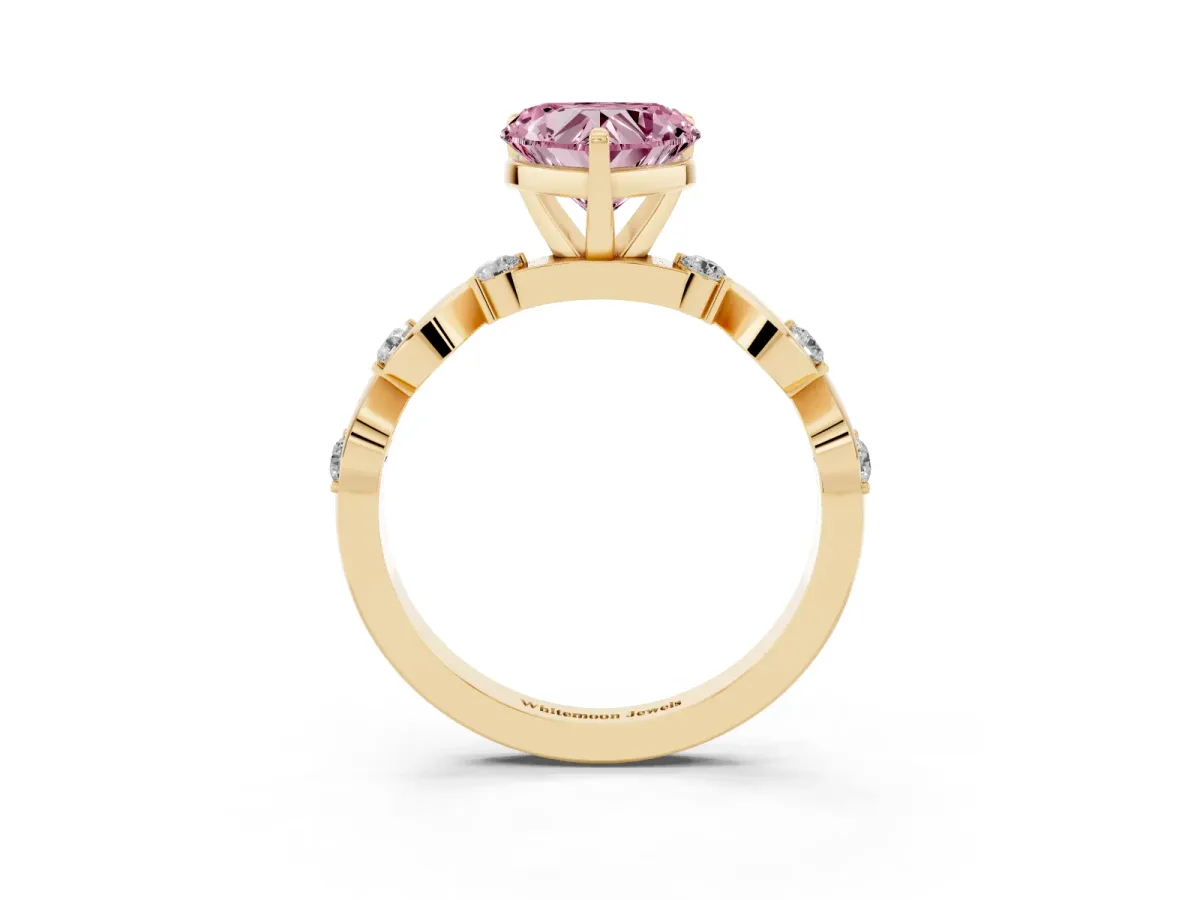 Fancy Pink Heart Cut Diamond Solitaire Twisted Band with Round Accents and Prong Setting Yellow gold