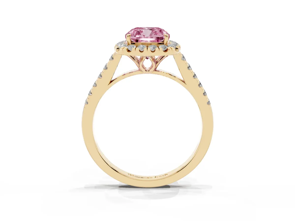 Fancy Pink Cushion Cut Halo Pavé Diamond Engagement Ring with Four-Prong Setting Yellow gold