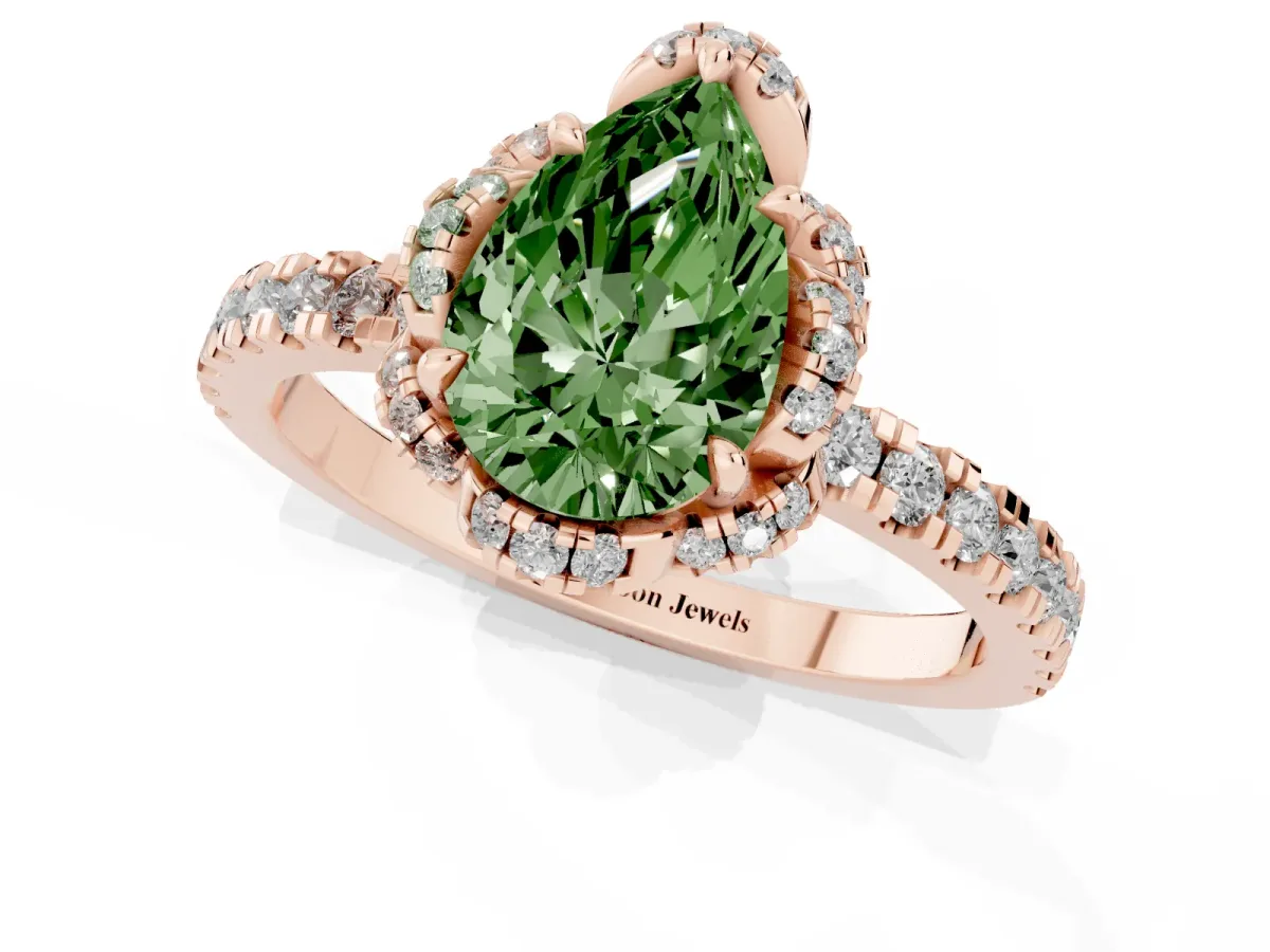 Fancy Green Pear Cut Diamond Halo Pave Band with Four-Prong Setting Rose gold