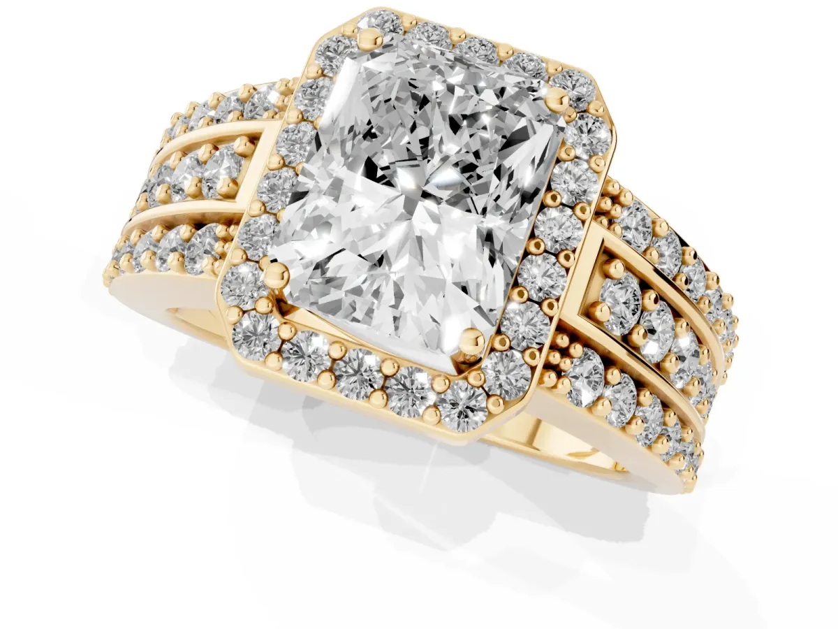 Radiant Cut Halo Diamond Ring with Round Split Shank and Prong Setting Yellow gold