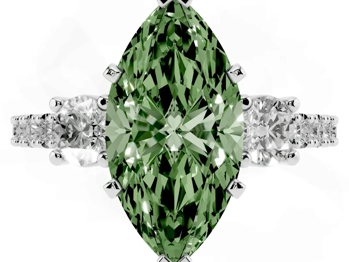 Fancy Green Marquise Cut Three-Stone Diamond Pavé Band with Prong Setting White gold