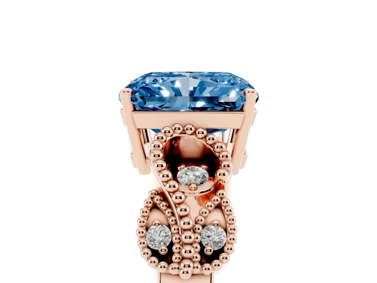 Fancy Blue Princess Cut Solitaire Milgrain Leaf Band with Prong Setting Rose gold