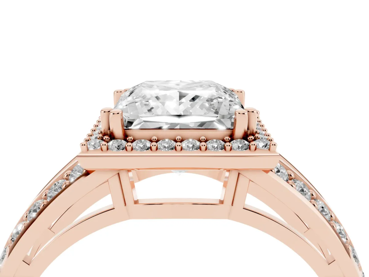 Princess Cut Diamond Halo Ring with Split Shank Pavé Band and Four-Prong Setting Rose gold