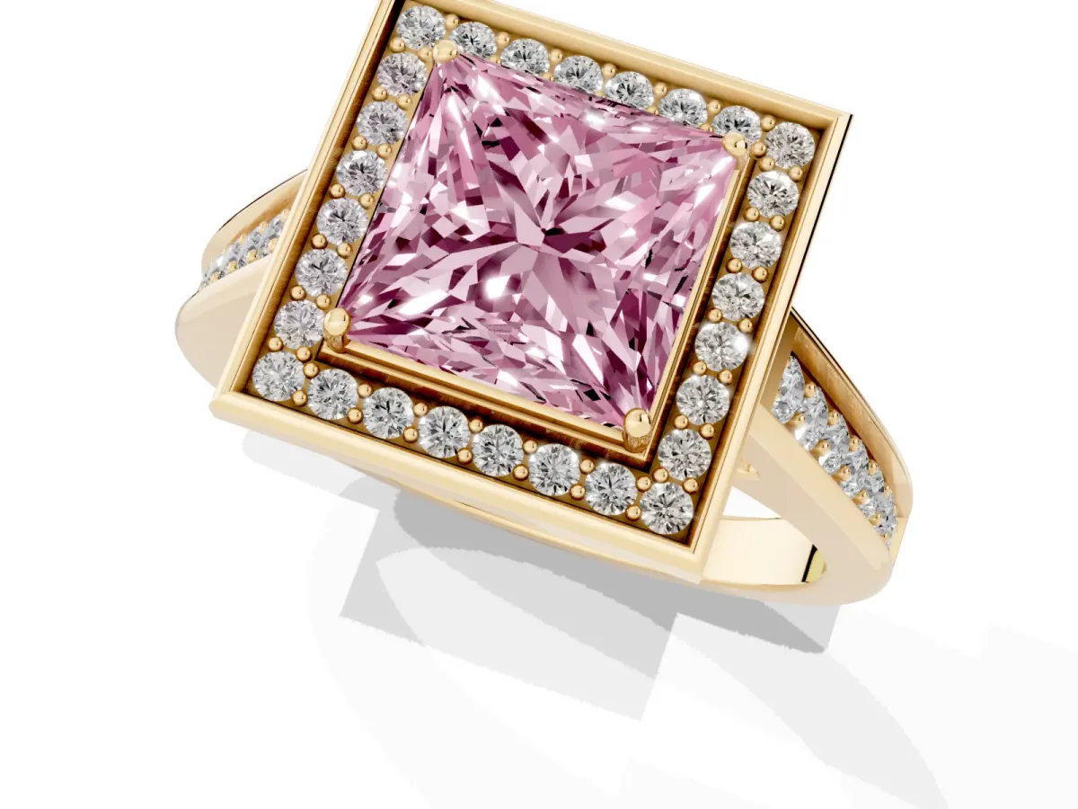Fancy Pink Princess Cut Halo Solitaire Diamond Ring with Pave Band and Bezel Setting Yellow gold