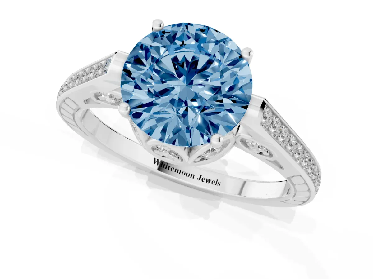 Fancy Blue Round Cut Cut Cathedral Pave Diamond Engagement Ring with Six-Prong Setting Platinum