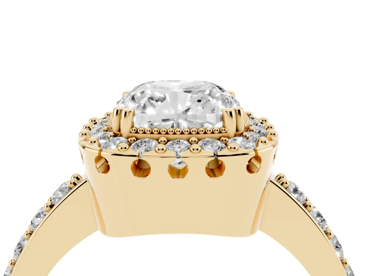 Cushion Cut Diamond Halo Ring with Pavé Band and Prong Setting Yellow gold