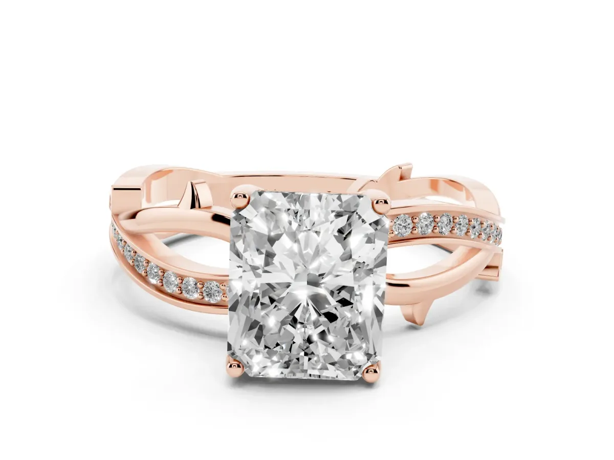 Radiant Cut Solitaire Twist Band with Pavé Accents and Four-Prong Setting Rose gold