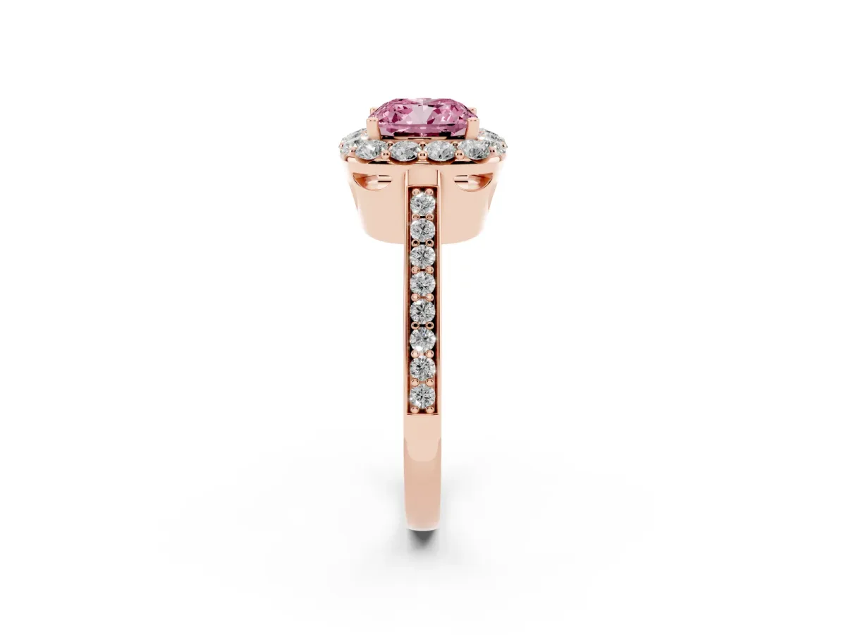 Fancy Pink Cushion Cut Diamond Floral Halo Ring with Pavé Band and Prong Setting Rose gold