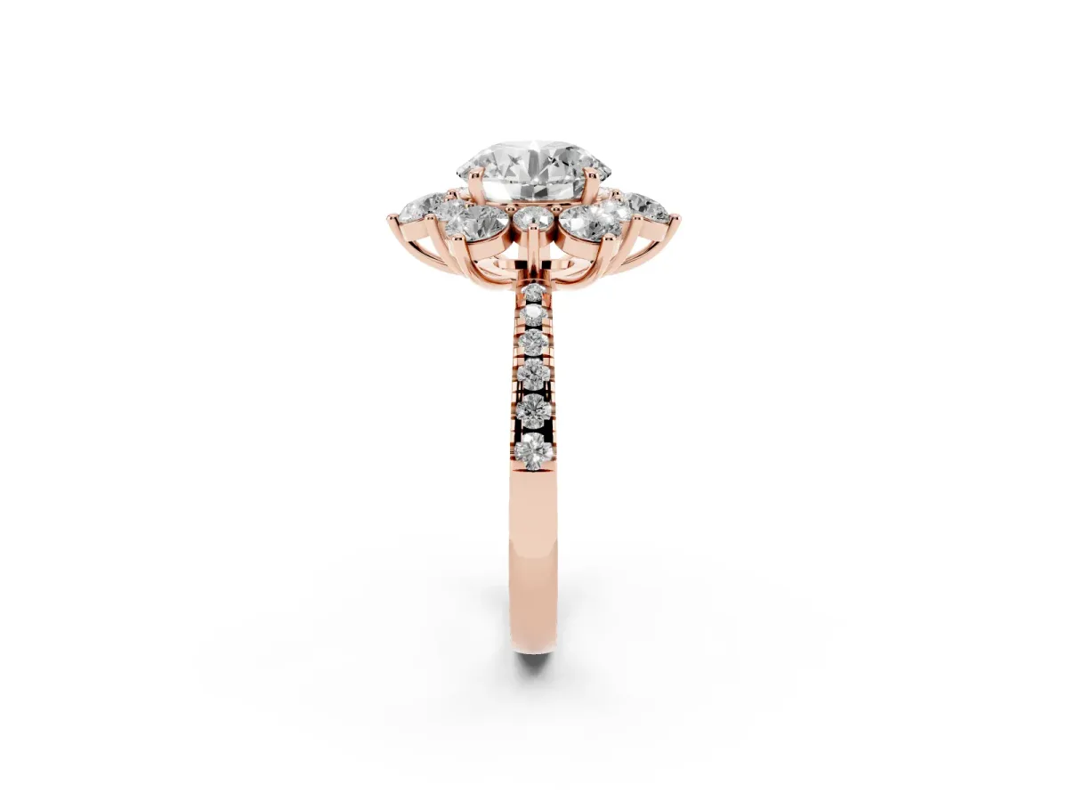 Round Cut Diamond Floral Halo Ring with Round Pavé Band and Prong Setting Rose gold