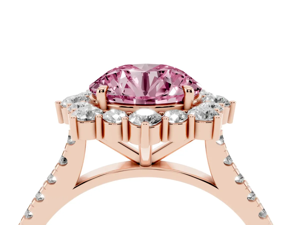 Fancy Pink Round Cut Halo Diamond Ring with Pavé Band and Prong Setting Rose gold
