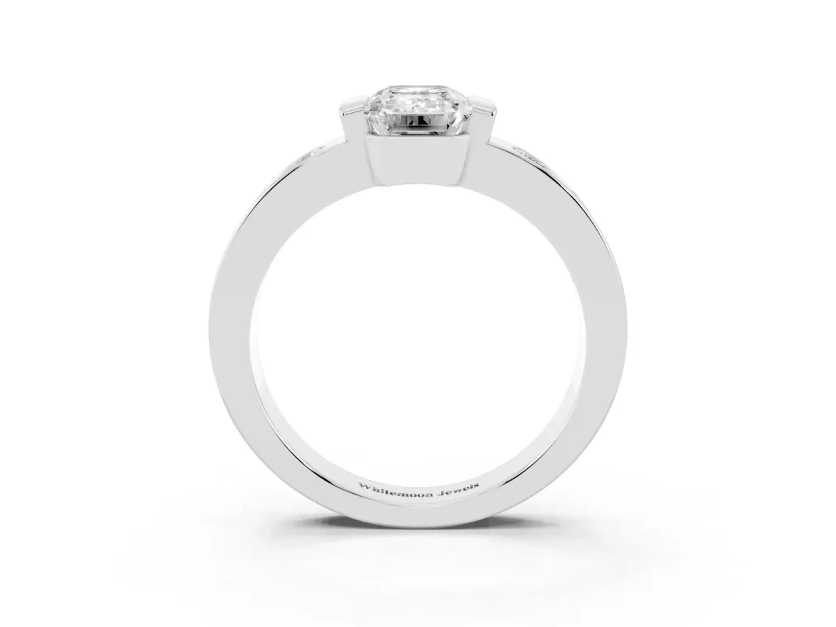 Emerald Cut Brilliant Channel-Set Diamond Ring with Bezel Prong Setting Silver